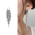 Elegant long tassel pearl earrings with silver clasp and multiple tiers of white pearls - Silver