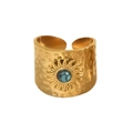 Detail of golden sunflower ring featuring hammer texture and turquoise stone inlay - Hammered Sun Relief Style (A1901-05A)
