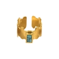Detail of gold-plated wavy textured ring featuring a rectangular turquoise stone inlay - Rectangular Turquoise Hammered Style (A1901-05B)