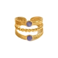 Detailed view of triple-layered gold band ring with purple gemstones and twisted texture - Triple Layer Purple Gemstone Style (A1901-05C)