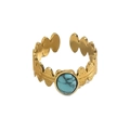 Detail of vintage gold sunflower ring with turquoise gemstone inlay and open band - Hollow Leaf Turquoise Style (A1901-06A)