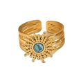 Detail of adjustable gold sunflower ring featuring a synthetic turquoise stone center - Starburst Sun Flower Turquoise Style (A1901-06B)
