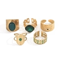 Vintage gold adjustable rings set featuring emerald green stones and evil eye details - Vintage Green Gemstone Bohemian 5-Piece Set