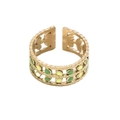 Detail of adjustable gold ring with wavy edges and green yellow enamel dot accents - Hollow Wave Enamel Polka Dot Style (A1902-04C)