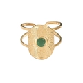 Vintage golden oval ring with green center stone and intricate geometric engraved patterns - Geometric Embossed Round Green Stone Inlaid Style (A1902-04B)