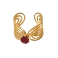 Detail of an 18K gold-plated stainless steel hollow ring with red teardrop zircon - Gold Hollow Wave Red Stone Style (A1902-02A)