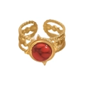 Close-up of 18K gold plated ring with red gemstone and hollow wave band pattern - Gold Hollow Wave Round Red Stone Style (A1902-02B)