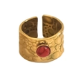 Detail view of gold stainless steel ring with hammered texture and red resin stone inlay - Vintage Hammered Round Red Stone Wide Style (A1902-02C)