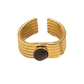 Detail of 18K gold stainless steel ring with textured stripes and dark brown zircon stone - Gold Horizontal Striped Round Agate Color Stone Style (A1902-03A)