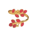 Detail of gold leaf-shaped ring with red glitter finish and adjustable open band - Red Leaf Vine Open Adjustable Style (A1902-03B)