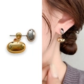Minimalist gold and silver two-tone bean stud earrings in polished 18K gold plated copper - Gold Drop Silver Stud (A0110C)