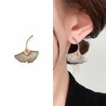 Silver ginkgo leaf earrings with amber square zircon shown on model and white background - Silver Yellow Zirconia