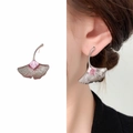 Silver ginkgo leaf earrings featuring a square pink crystal center in a refined style - Silver Pink Zircon