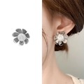Silver flower stud earrings with shimmering center and delicate metal petals - Silver (A0758A)