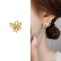 Elegant gold butterfly stud earrings with pearls and crystals on female model - Butterfly Shape (A0663B) / Gold