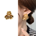 Vintage gold triple floral C-shape earrings featuring sparkling zircon center stones - Gold