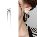 Silver wrinkled heart stud earrings with long beaded chain tassels in matte metal finish - Bright Silver