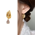 Gold bamboo drop earrings with pear-shaped gemstone and hollow butterfly accents - Gold