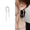 Elegantes pendientes de borla plateados con diamantes cuadrados y diseño de doble aro - Plata Brillante (A1403-07A)