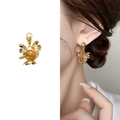 Golden flower cluster zircon stud earrings shown as product view and on a female model - Gold (A0871C)
