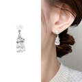 Elegant silver pearl earrings with large teardrop crystal drop charms for women - Silver