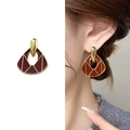Vintage gold and burgundy red enamel fan-shaped asymmetric earrings with pebble stud - Gold (A0683B)