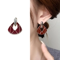 Vintage red enamel fan-shaped earrings with silver border and asymmetric design - Silver (A0683B)