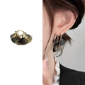 Vintage gold and grey ginkgo leaf layered hoop earrings on model and white background - Ginkgo Leaf Layered Style (A0679B黑金混色)