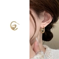 Elegant 18K gold plated C-shaped stud earrings with zircon inlay and bead details - Gold