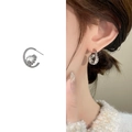 Silver-plated zircon stud earrings with moonstone-effect center stone and halo finish - Silver