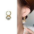 Elegant gold pearl drop earrings with textured hoops and white round pearls for women - Hollow Lace Pearl Style (A0665A Gold)