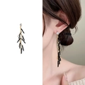 Elegant gold drop earrings with black beaded fringe and crystal stud for women - Gold