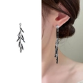 Elegant long gold branch earrings with black tassel beads and crystal studs for women - Silver