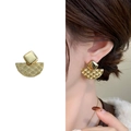 Elegant gold square and fan-shaped geometric stud earrings with textured wave pattern - Gold