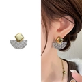 Golden square and silver fan-shaped geometric stud earrings with engraved texture - Gold Mixed Silver