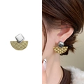 Elegant geometric two-tone metal fan earrings with gold wave texture in silver and gold - Silver Mixed Gold
