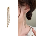 Golden long chain tassel earrings with sparkling rhinestones for a glamorous look - Long Three-Row Tassel (A1302-07B) / Standard / Gold