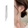 Elegant long silver tassel chain earrings with shimmering zircon crystals for women - Long Three-Row Tassel (A1302-07B) / Standard / Silver