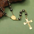 Detail of rosary necklace with black gold beads, virgin mary medal and crucifix cross - Gold Style C-Black