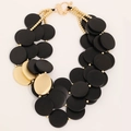 Statement layered wood disc necklace with black matte and gold accents on white background - Black and Gold Disk Splicing Style (X-1109 Short Style)