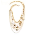Elegant multi-layered gold chain choker with white pearls and baroque pearl pendants - Multi-layer Pearl Metal Chain Style (X-648)