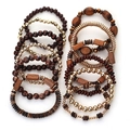 Bohemian multilayer handmade wooden bead bracelet set with gold accents for women - 12-Piece Set (S-391)