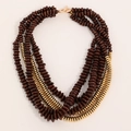 Multilayer bohemian necklace with dark brown wood beads and gold metallic accents - Deep Brown/Gold (X-1155)