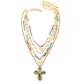 Bohemian multi-layer gold necklace with colorful beads and large crystal cross pendant - Multilayer Bohemian Cross Style (X-664)