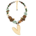 Bohemian beaded necklace with mixed wood stones and a matte gold heart pendant - Solid Heart Style (X-1230 Heart)