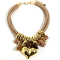 Detailed close-up of layered khaki woven ropes with a large gold heart pendant - Khaki (X-1287 Khaki)