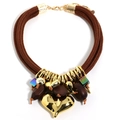 Detailed close-up of multilayered brown woven rope necklace with golden heart pendant - Brown (X-1287 Brown)