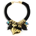 Macro detail of multi-layer cord necklace with golden heart pendant and mixed beads - Black (X-1287 Black)