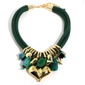 Detail of dark green woven rope necklace with gold heart pendant and gemstone charms - Green (X-1287 Green)