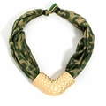 Detail of V-shaped hammered metal charm on green leopard print fabric necklace - Green Leopard Style (X-1383)